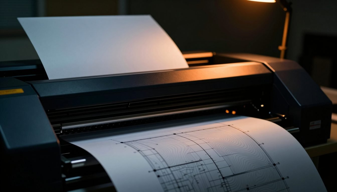 A wide-format plotter printing a civil site plan sheet