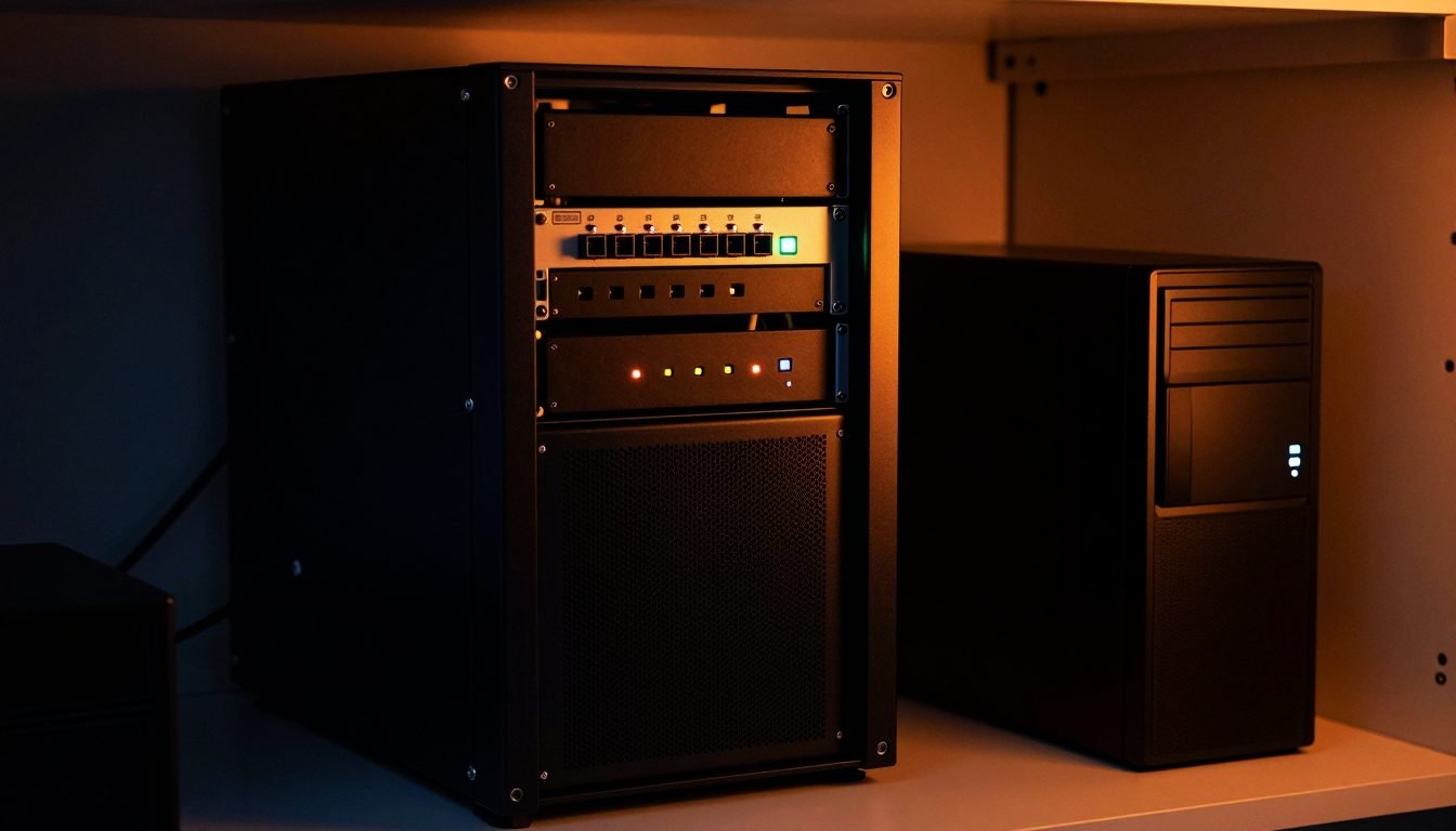 A neatly cabled small server rack in a back-office closet