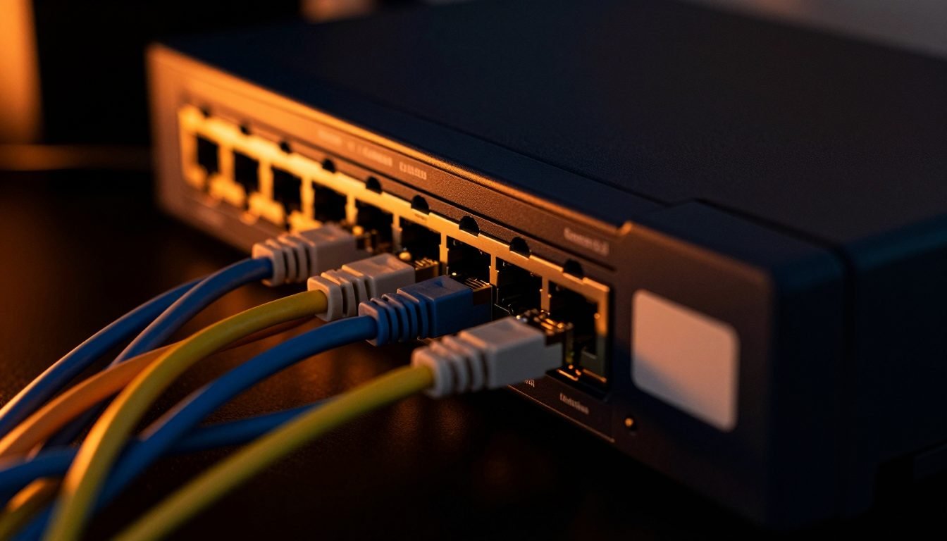 A tidy network switch with color-coded cables